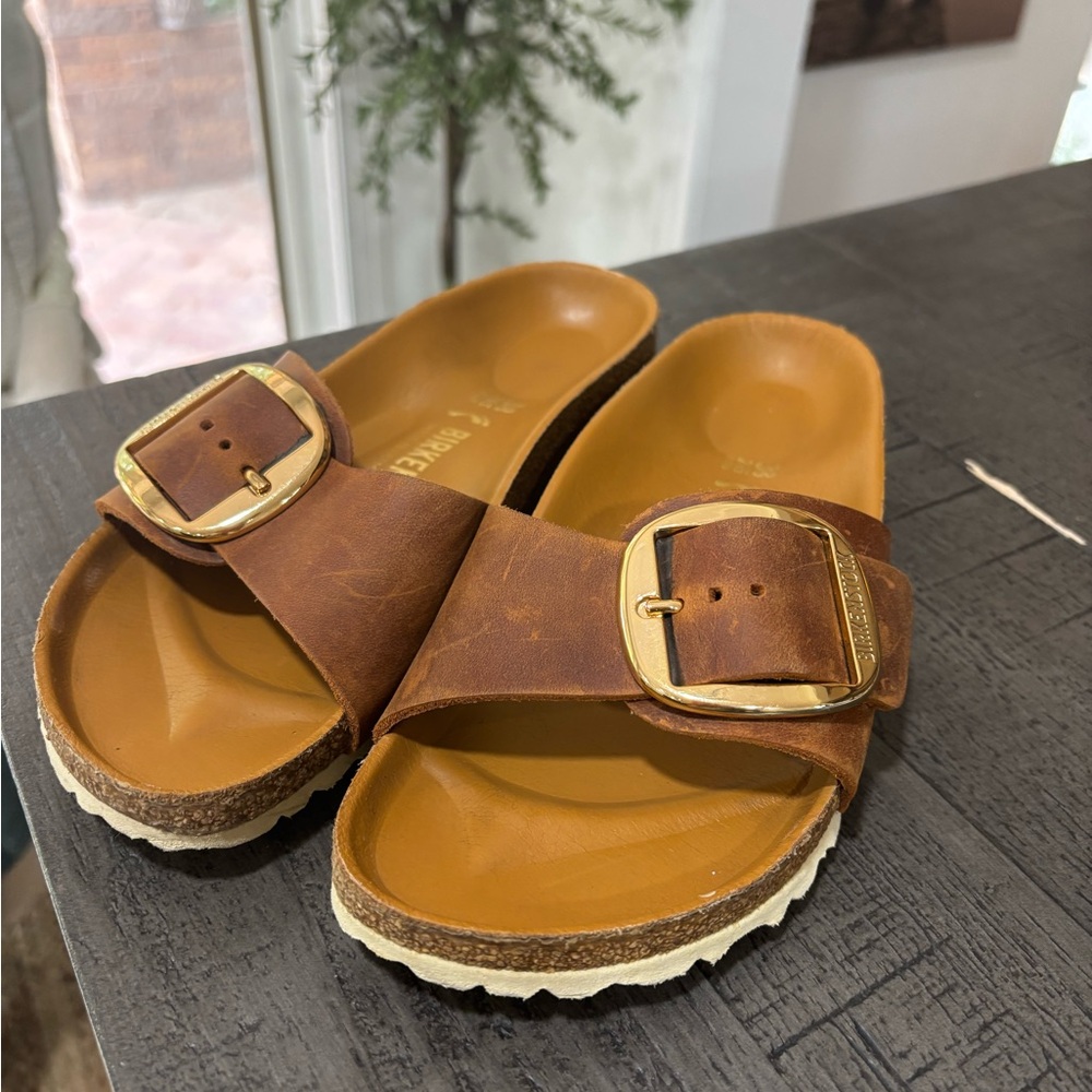 Birkenstock Tan Leather Sandals with Gold Accents